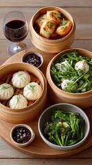 Top Down View of a Delicious Asian Meal Featuring Steamed Buns Arugula Salad With Quail Eggs And Broccolini With Two Small Bowls Of Dipping Sauce And A Glass Of Red Wine On A Wooden Table