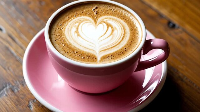 Pink cup of artfully crafted latte coffee with a white heart design and foam, resting on a rustic wooden table