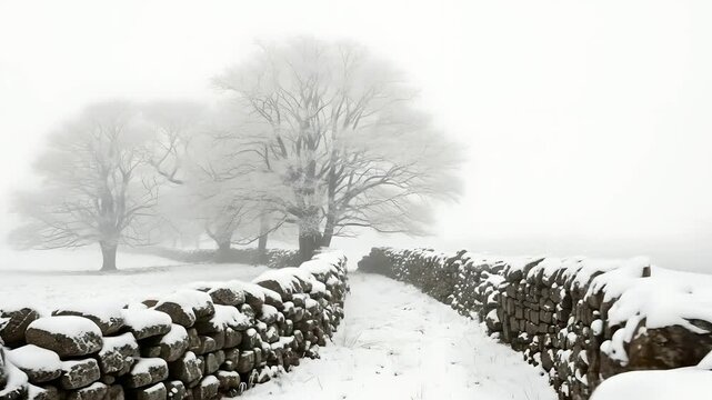 Winter landscape featuring snow-covered trees and stone walls creates peaceful scenery. Ideal for winter season, nature backgrounds, rural themes, travel promotion, and environmental projects.