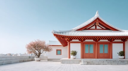 Traditional Japanese Temple With Red Beams And White Roof Tiles Under A Clear Blue Sky With A Small Tree Outside
