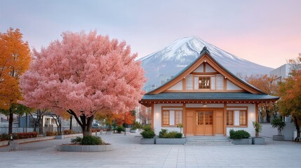Traditional Japanese Temple Building with Pink Cherry Blossoms in Full Bloom and Snow Capped Mountain in Soft Sunset Light