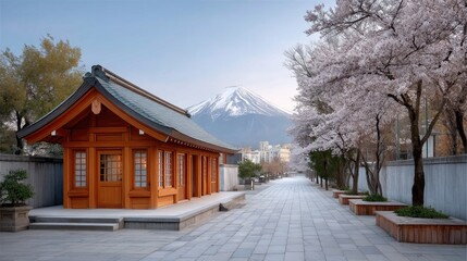 Traditional Japanese Wooden Building and Cherry Blossoms with Snow Capped Mount Fuji in Background on a Clear Day