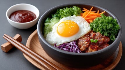Traditional Korean Bibimbap Rice Bowl With Fried Egg Fresh Vegetables and Meat Garnished With Scallions and Red Sauce on the Side
