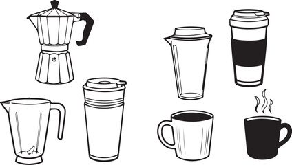 Collection of hand drawn coffee making and drinking vessels on a white background