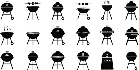 Barbecue grill silhouette set, black vector icons, outdoor cooking equipment, smoker designs, grilling tools, cad drawing flat vector illustration