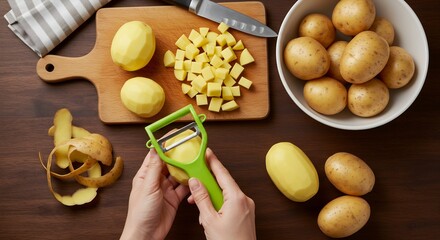 Hands peeling and dicing fresh potatoes on a wooden cutting board