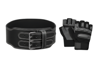 Weight lifting belt and gloves for gym workout on black background