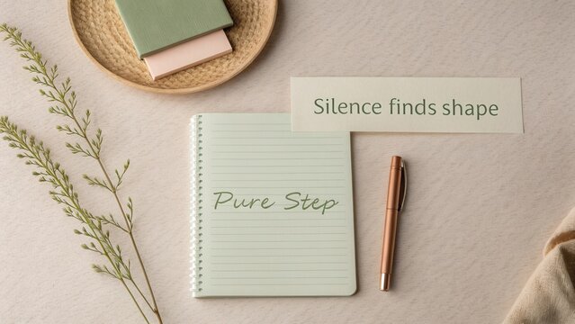 Elegant workspace with notebook and pen, featuring minimalist decor and inspiring quote for creativity and organization