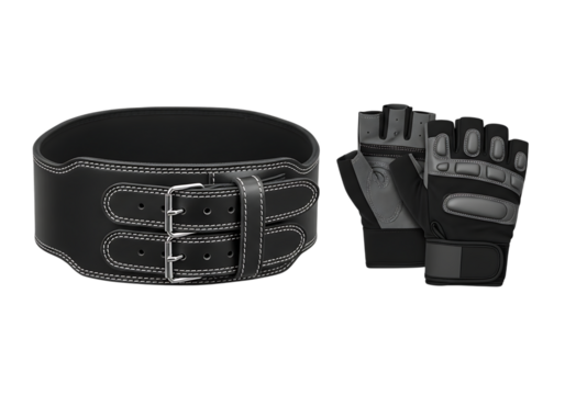Weight lifting belt and gloves for gym workout on black background