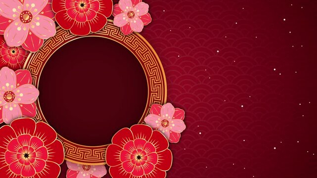 2026 Chinese New Year loop animation. Chinese new year red festive background with traditional flowers celebrating the vibrant holiday. Suitable for chinese new year greeting cards.