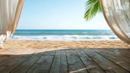 Tropical beach view wooden deck ocean waves sand clear sky sheer curtains palm leaf sunny day coastal scene