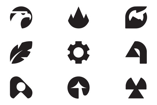  Collection of nine distinct black silhouette icons representing nature technology and abstract concepts