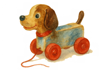 Vintage dog pull toy watercolor illustration for childhood memories, retro play, and nursery design concepts