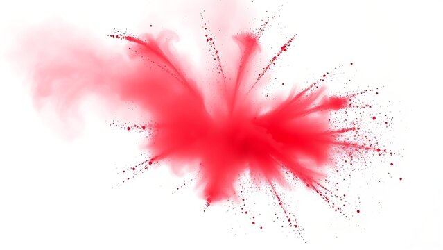 Vibrant red Holi powder explosion captured dynamically against a white background.