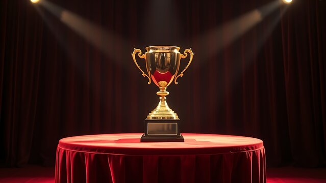 A golden trophy displayed on a velvet podium with dramatic award ceremony lighting.