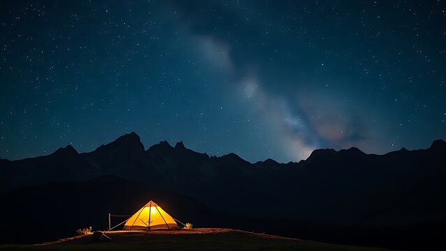Starry mountain landscape at night with an illuminated tent under the milky way, serene and vast. - Powered by Adobe