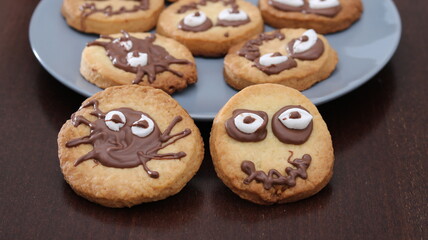 homemade fun baking, and Halloween celebration for kids. Creative cookies, top view