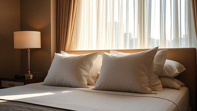 An elegant hotel bed with neatly arranged pillows, softly lit by morning sunlight through sheer curtains.