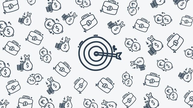 Seamless finance animation with money target and business icons on light background, ideal for marketing and investment