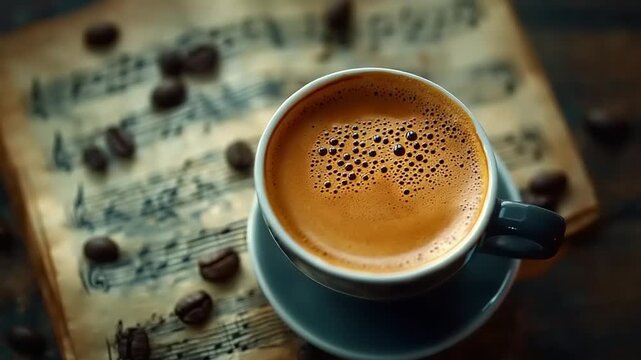 Cup of espresso resting on aged musical score with scattered coffee beans