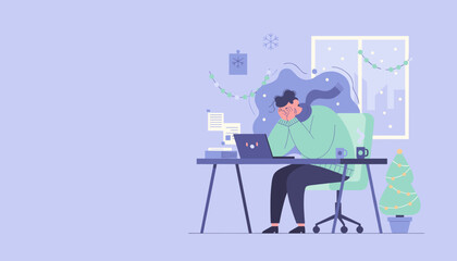 Stressed worker at desk during holidays overwhelmed by workload winter fatigue illustration
