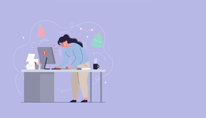 Woman stressed by work and tech failure at her desk during the holidays