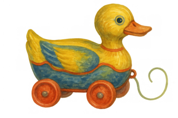 Vintage wooden duck pull toy, watercolor illustration for childhood, nostalgia, and playful design, transparent background