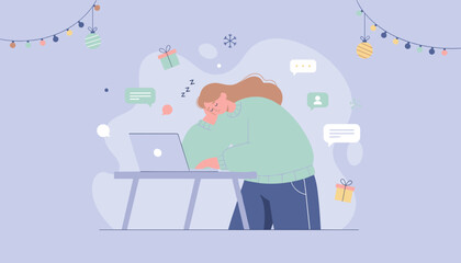 Holiday work burnout Woman sleeping at her desk next to laptop surrounded by festive decor