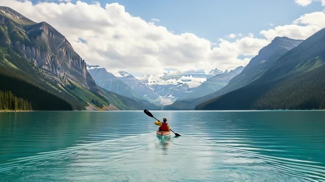 Solo kayaker paddles through a stunning turquoise lake with majestic snow-capped mountains and dramatic clouds - Powered by Adobe