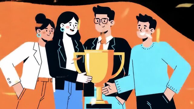 Diverse business team celebrating a successful victory together, holding a golden trophy cup. Flat vector illustration of corporate achievement and teamwork