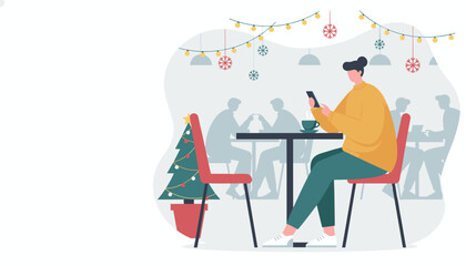 Solo diner scrolling smartphone in a festive cafe with Christmas decorations
