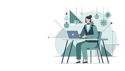 Businesswoman working on laptop at desk with festive holiday decorations Yearend business concept