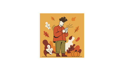 Man using smartphone outdoors in autumn foliage with a pumpkin Flat vector illustration