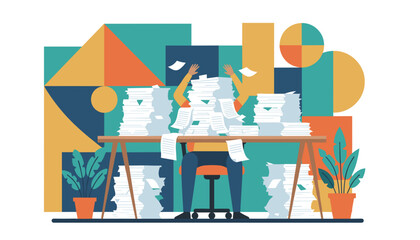Worker buried under mountains of paperwork Stress high workload and bureaucratic overload concept