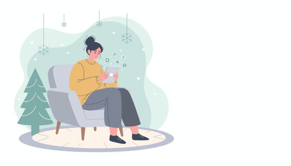 Digital fatigue and holiday anxiety Sad woman checking social media on a tablet