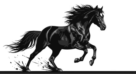 Fototapeta premium Powerful black horse galloping in full stride, dynamic vector illustration. Design for equestrian logos, sports branding, or apparel. Transparent PNG version.