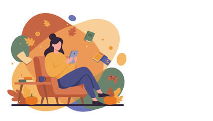 Cozy autumn leisure Woman uses phone in armchair surrounded by fall leaves books and pumpkins