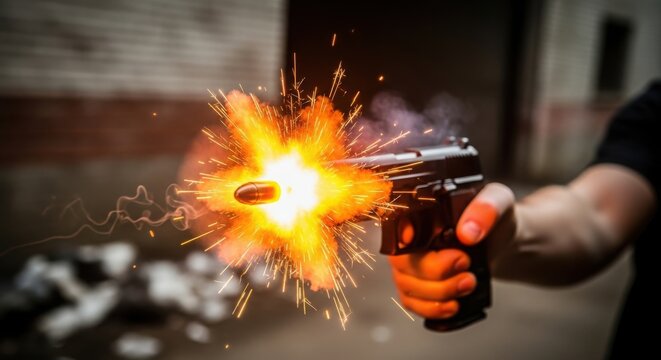Close-up of a handgun firing with muzzle flash and ejected shell casing creating dramatic action for safety topics.