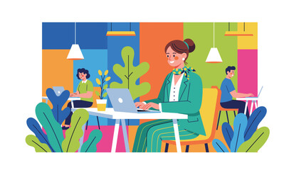 Professional woman using laptop in a colorful plantfilled coworking office Modern workspace