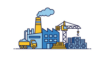 Obraz premium Industrial factory illustration with chimney crane truck and containers for manufacturing and logistics