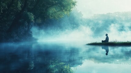 Fototapeta premium Serene Morning Meditation by a Misty Lake, a Silhouette in Quiet Contemplation
