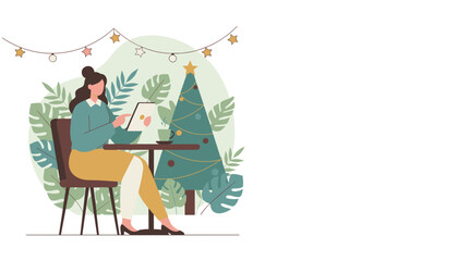Woman uses tablet near Christmas tree and tropical plants Holiday work or cozy leisure