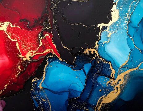 Swirling abstract painting with vibrant red, blue, and gold ink details - Powered by Adobe