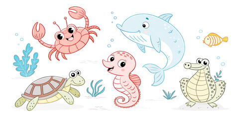 A fun vector collection of cute cartoon sea animals and fish characters illustration