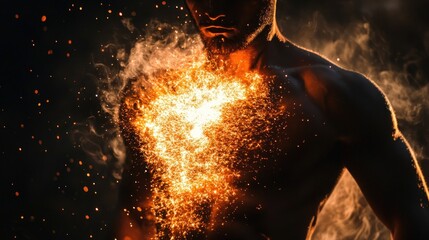 with glowing chest radiating fiery energy, sparks, and smoke, showcasing powerful internal light and dramatic intensity against a dark, mystical backdrop.