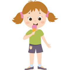 A Young Girl with Pigtails Wearing a Green Shirt and Purple Shorts Enjoys a Pink Ice Cream Cone on a Transparent Background