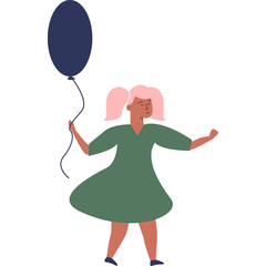A young girl with pink hair wearing a green dress holds a dark blue balloon while dancing against a transparent background