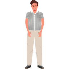 A young man with brown hair and a slight smile stands wearing a gray and white striped short-sleeved shirt and tan trousers against a transparent background.