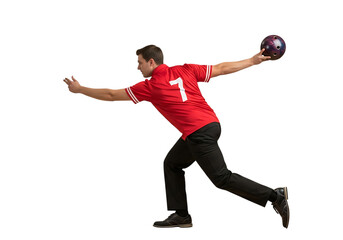Fototapeta premium Professional bowler in red shirt preparing to release bowling ball perfectly
