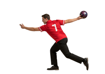 Professional bowler in red shirt preparing to release bowling ball perfectly